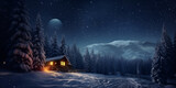 landscape with moon and stars, snowy cabin in the mountains with a full moon in the sky, Photo beautiful winter house and christmas tree on the mountain