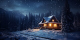 lightened house in the snow, Snow covered house in forest at winter night warm window light, snowy night scene with a cabin and a stream
