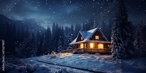 lightened house in the snow, Snow covered house in forest at winter night warm window light, snowy night scene with a cabin and a stream © Rimsha