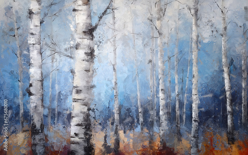 Modern hand painted birch tree oil painting wallpaper background photo