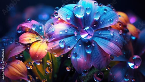 colorful raindrops on a leaf, in the style of colorful realism, dark cyan and light amber.  © hisilly