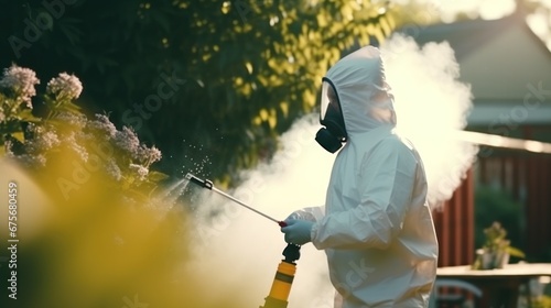 Gardener carefully sprays strong pesticide to manage annoying insect population in grassy garden. Man in special protective clothes cautiously applies pesticide to control insect population in garden
