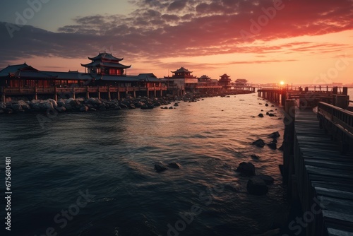 a sunset over water next to a bridge  in the style of chinese tradition