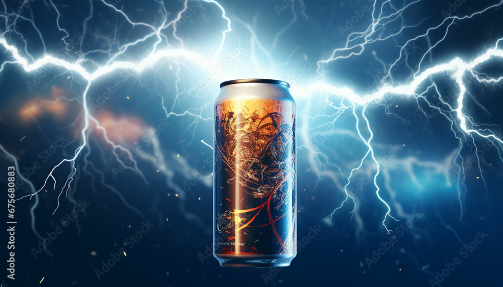 a can of energy drink with lightning - obrazy, fototapety, plakaty 