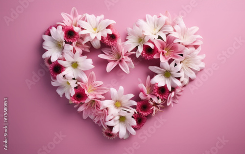 A heart-shaped arrangement of white and pink daisies on a soft purple background  expressing love and affection  perfect for festive decorations  greeting cards  and special occasion themes.