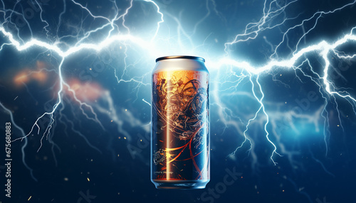 a can of energy drink with lightning photo