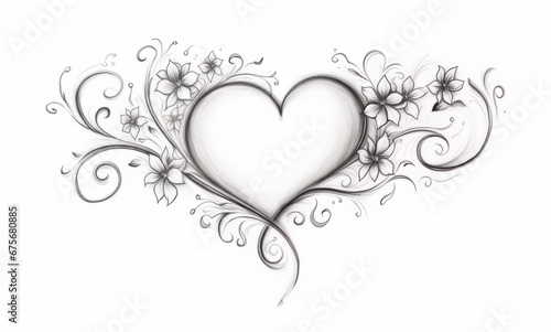 Monochrome heart illustration with floral elements and curlicue designs  ideal for decorative purposes  Valentine s Day themes  and expressing love and affection in various graphic projects