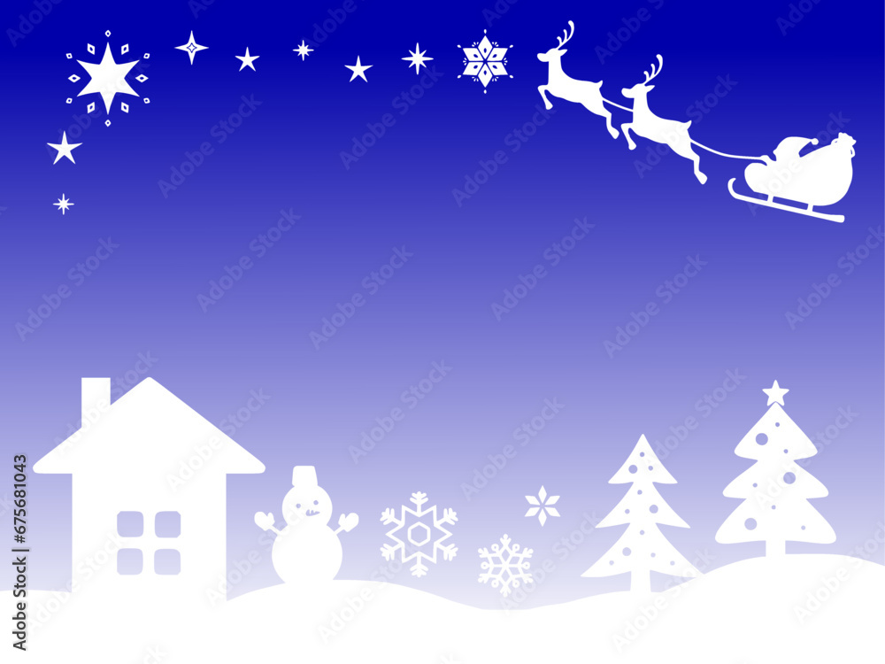 クリスマスのダークブルーのグラデーション背景　かわいいクリスマス風景のイラスト