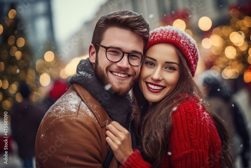Happy couple celebrating christmas together in modern city. Xmas Happy new year blurred bokeh background.