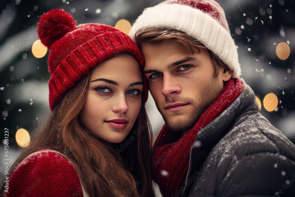 Happy couple celebrating christmas together in modern city. Xmas Happy new year blurred bokeh background. Happy couple celebrating christmas together in modern city. Xmas Happy new year blurred bokeh background.