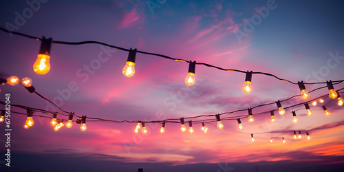 Vintage light bulbs on string wire against sunset decor in outdoors wedding event party, Colorful light bilb garland,  Christmas Lights at Dusk photo