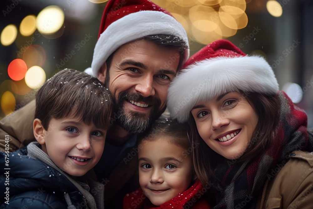 Happy family celebrating christmas together in the city. Xmas Happy new year blurred bokeh background.