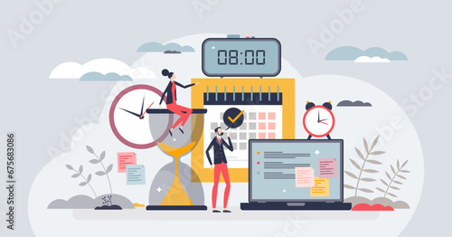 Time management for effective and productive work plan tiny person concept. Project organization and business efficiency vector illustration. Daily schedule and agenda for workspace task activities.