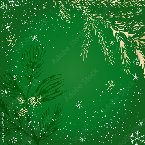 A winter background with branches of spruce and pine trees, cones and snowflakes. Template for the design of Christmas and New Year's congratulations, a festive cover, cards, poster.