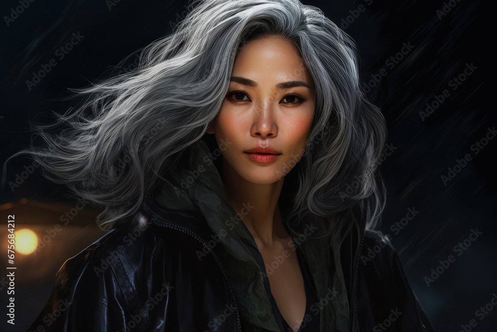 35 year asian woman with long gray hair on black background. Beauty concept 35 year asian woman with long gray hair on black background. Beauty concept