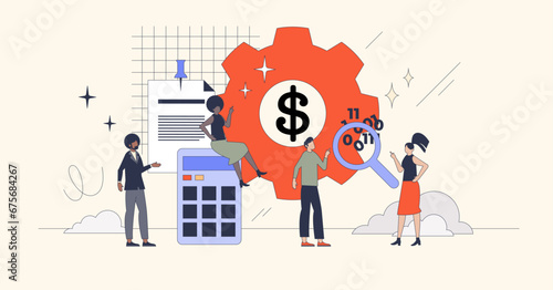 Financial analysis and planning for company profit retro tiny person concept. Market calculation with investment margin, expenses or company revenue vector illustration. Money optimization analytics.
