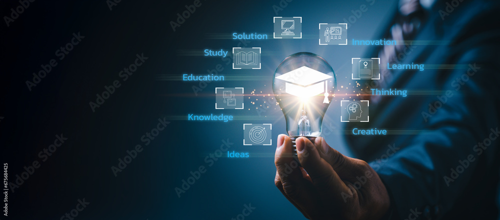 E-learning graduate certificate program concept. Internet education course degree, study knowledge, creative thinking ideas, problem-solving solutions. Man hands showing graduation hat in light bulb. - obrazy, fototapety, plakaty 
