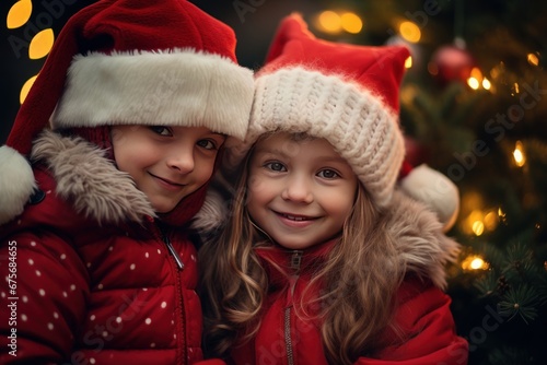 Happy children celebrating christmas together in the city. Xmas Happy new year blurred bokeh background.