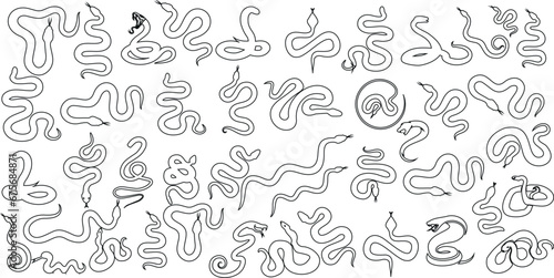 snakes outline, line art vector illustration, Features various poses and sizes of serpents, showcasing the beauty of these slithering reptiles, pythons, cobras, rattlesnakes, vipers photo