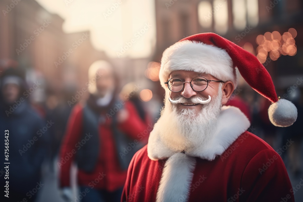 Portrait of happy Santa claus surrounded by blurred people celebrating christmas in modern city. Xmas Happy new year. Portrait of happy Santa claus surrounded by blurred people celebrating christmas in modern city. Xmas Happy new year.