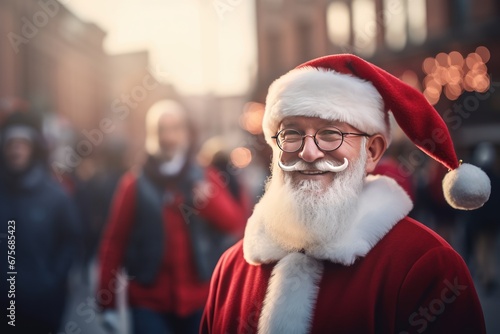 Portrait of happy Santa claus surrounded by blurred people celebrating christmas in modern city. Xmas Happy new year. © CYBERUSS