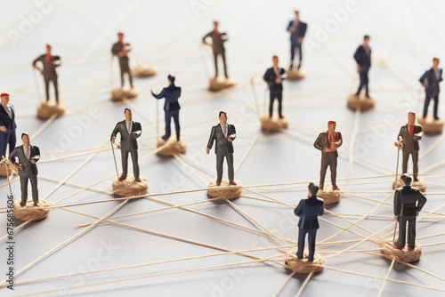 miniature business people with a network of string, in the style of non-representational forms, performance-oriented