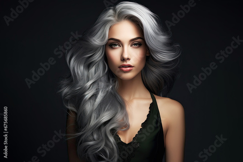 Portrait of a beautiful Scandinavian woman with long grey hair. Beauty concept