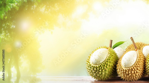 Durian fruit on a wooden table with a green background