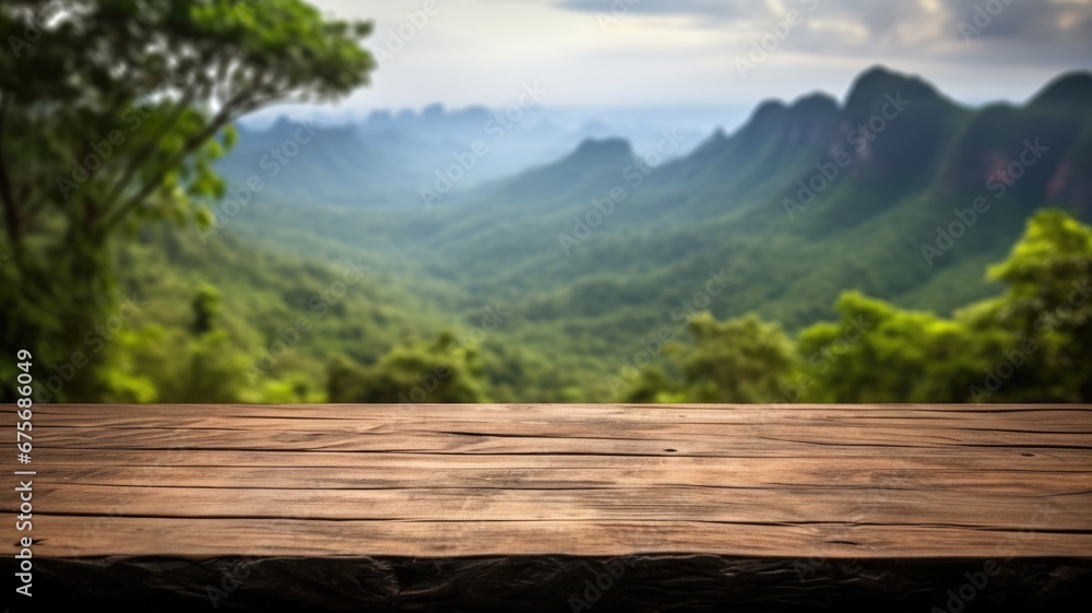 The empty wooden brown table top with blur background of trekking path ...