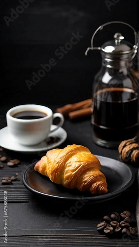 Fresh cup of aromatic coffee and croissant on black wooden board. Space for text. Generative AI.