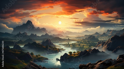 Breathtaking mountain panorama view with a flowing river and stunning sunset creating a magical atmosphere