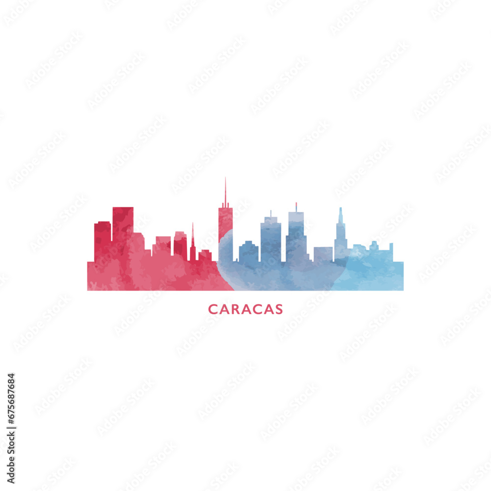 Caracas watercolor cityscape skyline city panorama vector flat modern logo, icon. Venezuela town emblem concept with landmarks and building silhouettes. Isolated graphic
