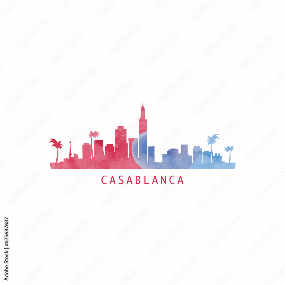 Casablanca watercolor cityscape skyline city panorama vector flat modern logo, icon. Morocco town emblem concept with landmarks and building silhouettes. Isolated graphic