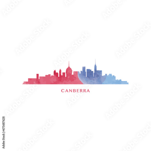 Canberra watercolor cityscape skyline city panorama vector flat modern logo, icon. Australia town emblem concept with landmarks and building silhouettes. Isolated graphic