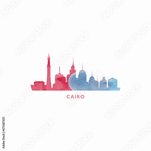 Cairo watercolor cityscape skyline city panorama vector flat modern logo, icon. Egypt town emblem concept with landmarks and building silhouettes. Isolated graphic