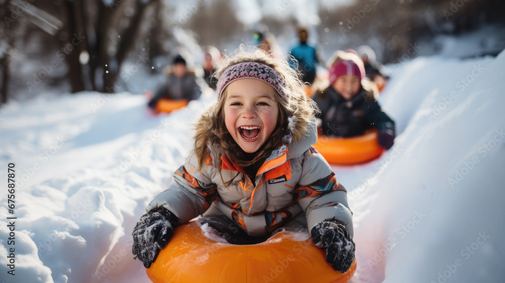 cheerful child rolling down the slope on a sled, tubing, winter, childhood, snow, New Year, holidays, sports, active recreation, kid, toddler, childhood, emotional portrait, facial expression, slide cheerful child rolling down the slope on a sled, tubing, winter, childhood, snow, New Year, holidays, sports, active recreation, kid, toddler, childhood, emotional portrait, facial expression, slide