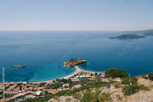 View from the mountain to the ancient village near the island of Sveti Stefan. Montenegro
