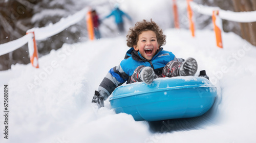 cheerful child rolling down the slope on a sled, tubing, winter, childhood, snow, New Year, holidays, sports, active recreation, kid, toddler, childhood, emotional portrait, facial expression, slide