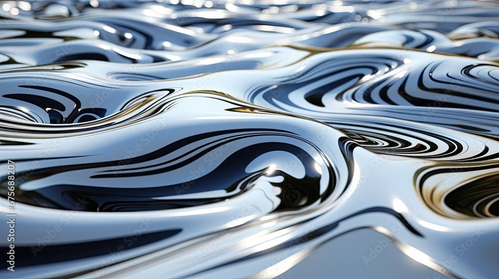 Abstract background with a liquid surface showcasing various sleek metallic shapes. Perfect for design projects and visual concepts., format: JSON Abstract background with a liquid surface showcasing various sleek metallic shapes. Perfect for design projects and visual concepts., format: JSON