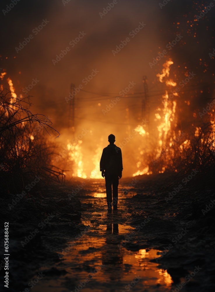 A man walks on a road, with a large fire scene in the background. The dramatic flames create a striking contrast against the dark night sky