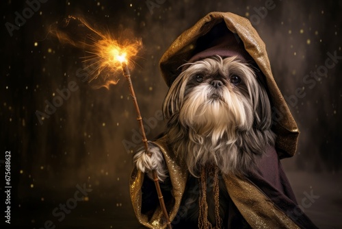 Photo of a Shih Tzu dog dressed as a wizard with a tiny magic wand. Generative AI photo