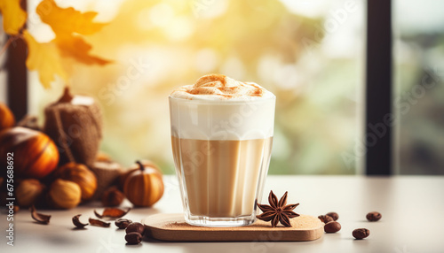 pumpkin latte with cinnamon and pumpkin on a dark background