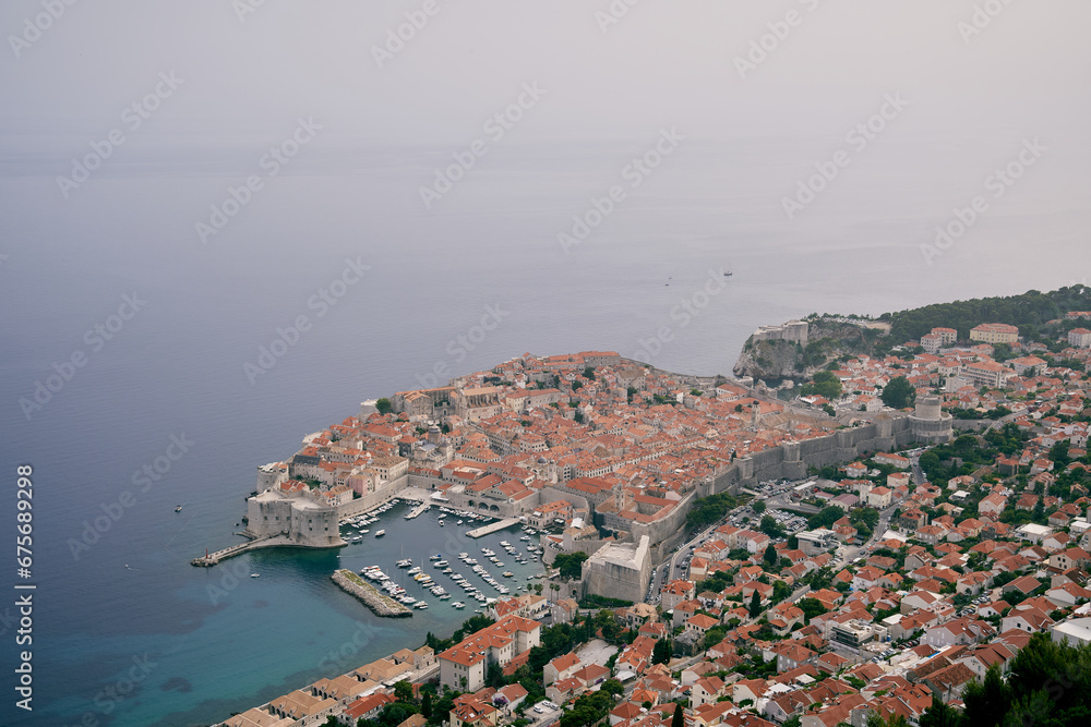 Yacht mooring at the old Dubrovnik pier. Croatia. Drone