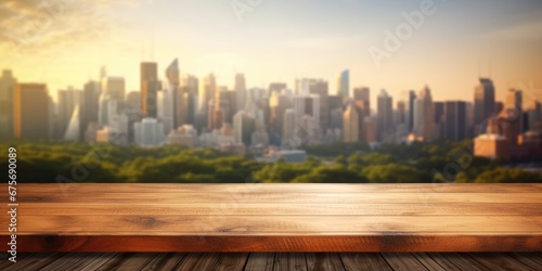 The empty wooden table top with blur background of nature skyline in autumn. Exuberant image. generative AI