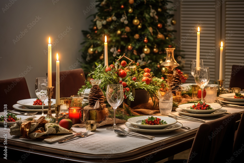 A dining table with a festive spread of Christmas dinner