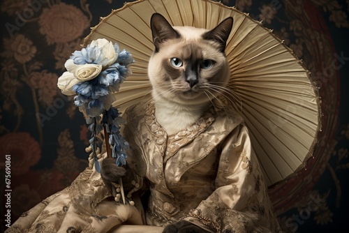 Photo of a Siamese cat with an elaborate, Victorian-style dress and a paraso. Generative AI photo