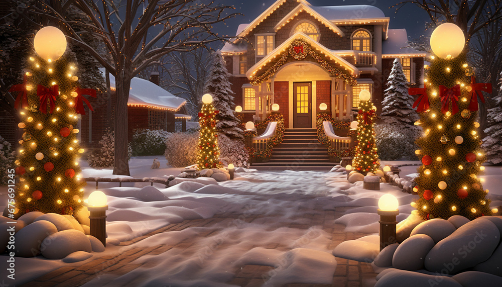 a house with christmas lights and white balls a house with christmas lights and white balls