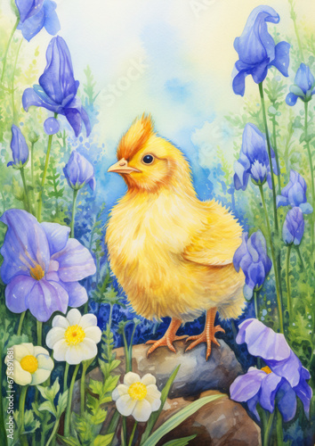 watercolor drawing of small cute fluffy yellow chicken, bird, Easter symbol, spring, nature, postcard, animal, grass, pet, chick, baby, beak, feathers, close-up, tousled, beauty, rustic, farm © Julia Zarubina