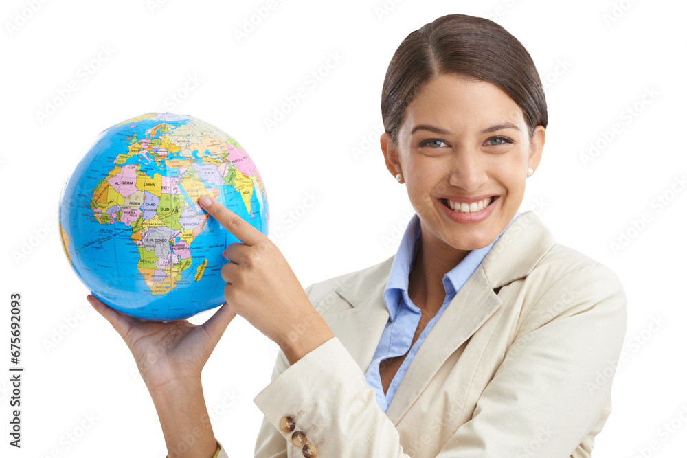 Woman, portrait and globe for global business, smile and isolated on transparent png background. Professional, businesswoman and employee with geography location for company, job and confidence Woman, portrait and globe for global business, smile and isolated on transparent png background. Professional, businesswoman and employee with geography location for company, job and confidence