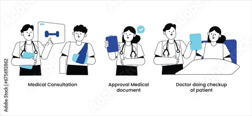 Health medical illustration with medical consultation, doctor doing checkup of patient and approval medical document. vector illustration